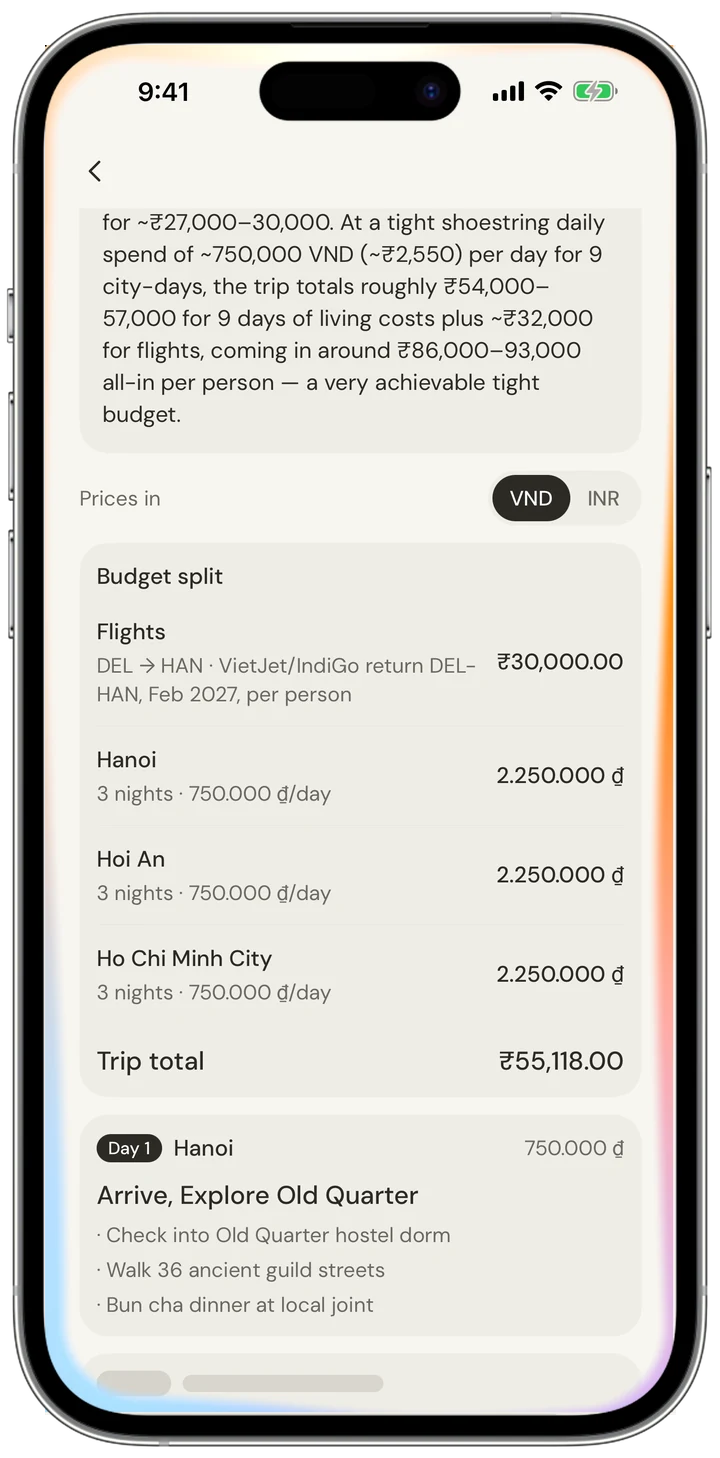 AI trip plan with a budget split